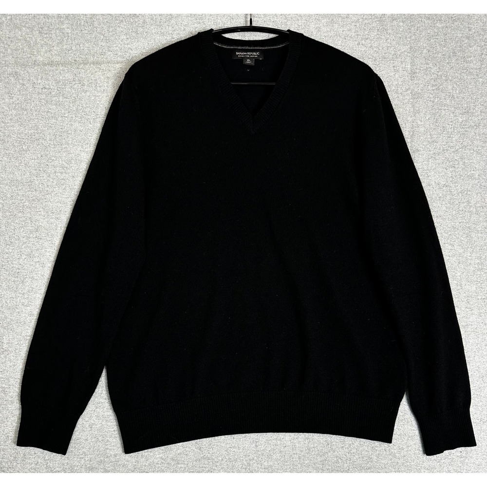 Banana Republic V Neck Sweater Mens XL Black Extra Fine Merino Wool
